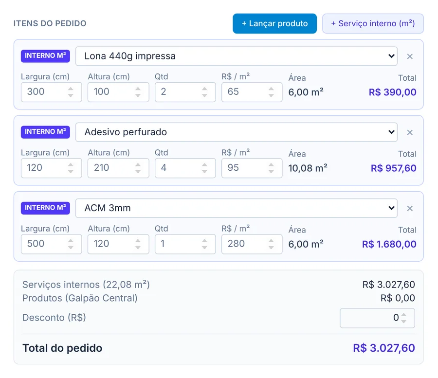 Calculadora do Ugoki: lona 300 por 100 centímetros, adesivo perfurado e ACM, com área em metros quadrados e total do pedido